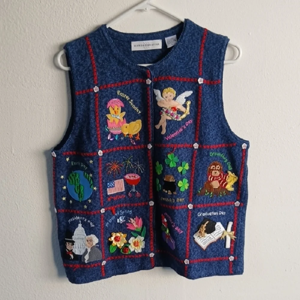Vintage Marisa Christina Navy Blue Knit Embroided Calendar Vest Size Large - Picture 1 of 5